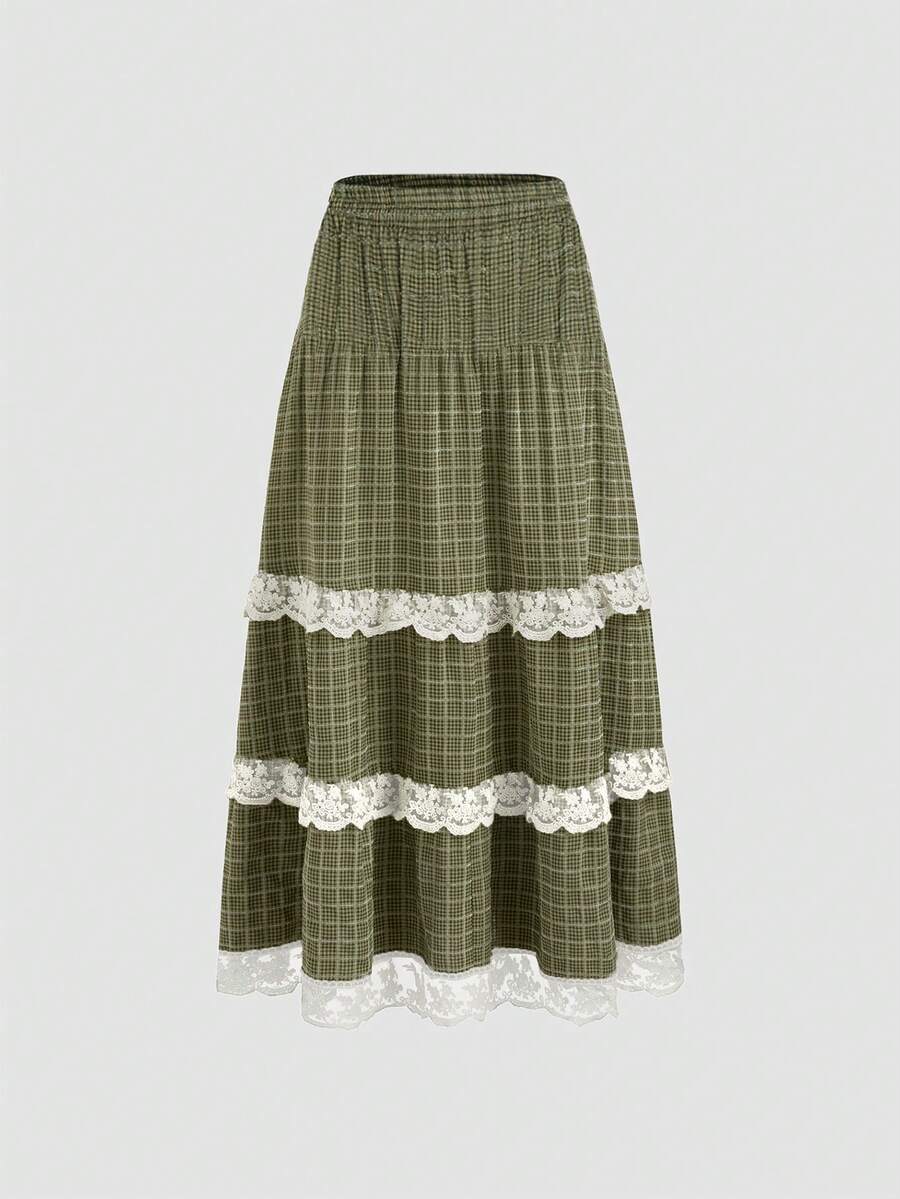 女式复古纹理格子蕾丝拼布分层休闲 A 字裙，自然风情