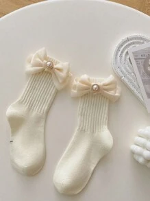 1 Paar Kinder Schulanfang handgemachte Perlenschleife einfarbige Kniestrümpfe für 3-16 Jährige - Beige - Übersicht 12