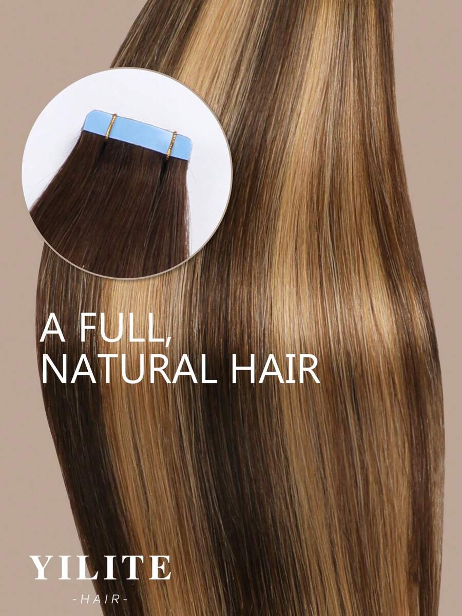 Yilite 20pcs/Pack 12-24 Inch Black Seamless Tape-In Human Hair Extensions, 50g, Color P4/27/T4, Suitable For Invisible Hair Extension Application - S4/27 - View 1