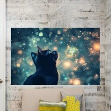 Vintage Cat And Starry Night Canvas Art, Sparkling Stars And Blue Sky, Perfect For Home, Teen Rooms, And Farmhouse Style