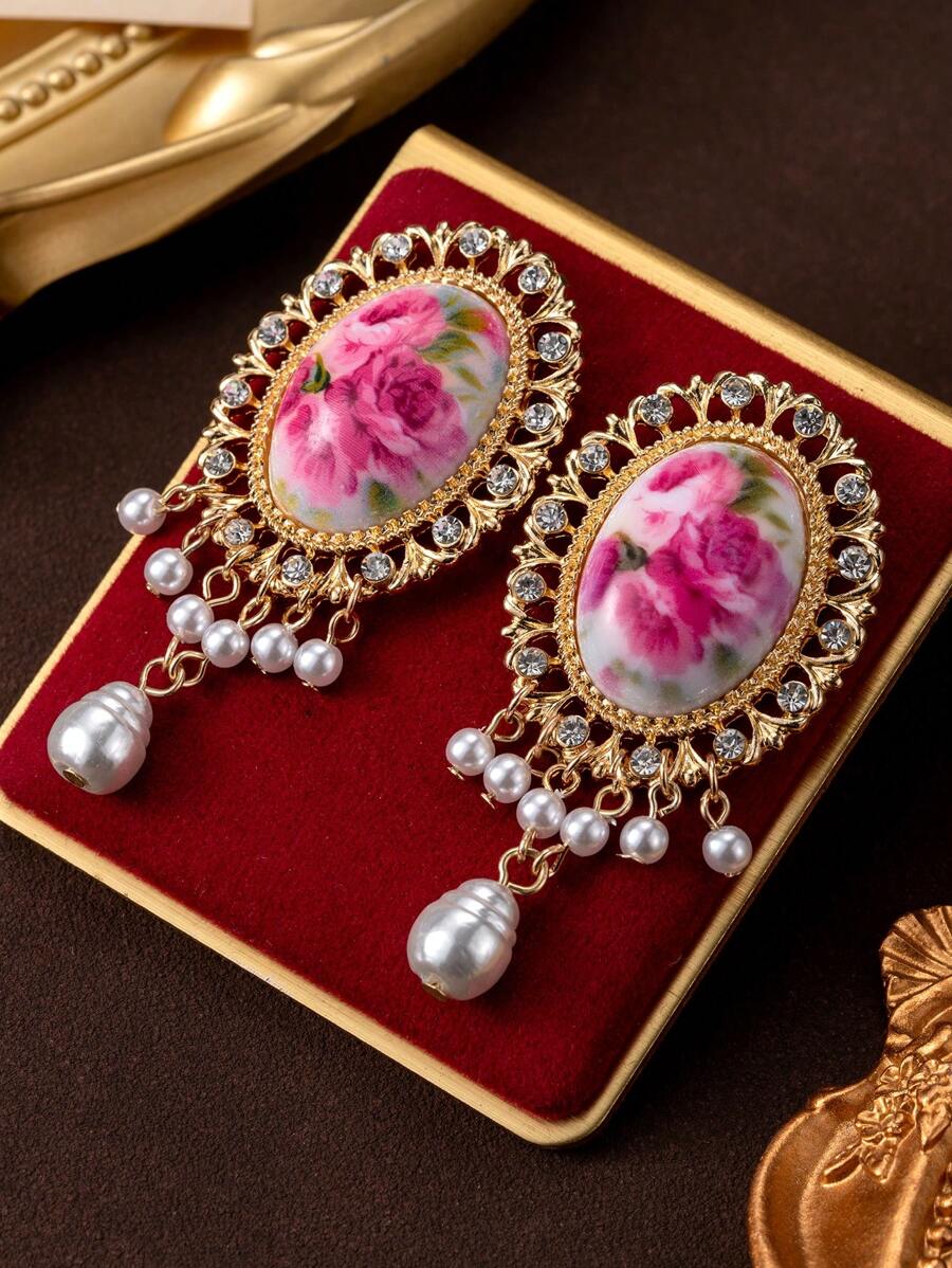 1 Pair Retro Luxury Faux Pearl & Floral Print Diamante Ellipse Dangle Earrings, Exaggerated Tassel Statement Earrings - Yellow Gold - View 1