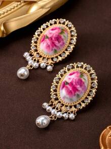 1 Pair Retro Luxury Faux Pearl & Floral Print Diamante Ellipse Dangle Earrings, Exaggerated Tassel Statement Earrings - Yellow Gold - View 2