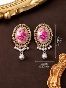 1 Pair Retro Luxury Faux Pearl & Floral Print Diamante Ellipse Dangle Earrings, Exaggerated Tassel Statement Earrings - Yellow Gold - View 4