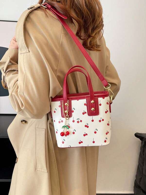 1 pièce Sac à main mode femme, sac à bandoulière, sac bandoulière, cartable, mini sac seau, cadeau de Noël, matériau PU résistant aux rayures et , convient pour le shopping, les rendez-vous, les fêtes, les trajets, bandoulière réglable, pendentif décoratif cerise, élégance simplicité décontractée rouge sac fourre-tout pour femmes