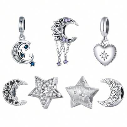 WOSTU 1pc 925 Sterling Silver Inlaid With Dazzling And Exquisite Zirconia Shiny Star And The Beautiful Moon Charms Bead Pendant Fit Women Daily Wear Jewelry Women Gifts
