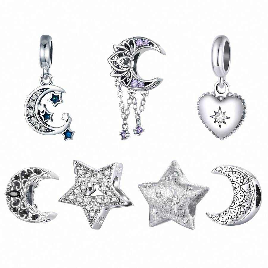 WOSTU 1pc 925 Sterling Silver Inlaid With Dazzling And Exquisite Zirconia Shiny Star And The Beautiful Moon Charms Bead Pendant Fit Women Daily Wear Jewelry Women Gifts