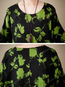 Top, 2025 Green Flower Dress, Daily Ladies Plus-Size Dress, Summer Crew-Neck Sleeved Full Print Breathable Holiday Casual Dress, Holiday Beach Wear, Bohemian Elegant Dress