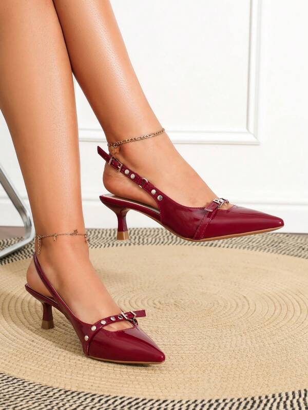 Handmade Rivet Bordeaux Contrast Strappy Adjustable Buckle Square Heel & Stiletto Fashionable Versatile High Heel Pumps