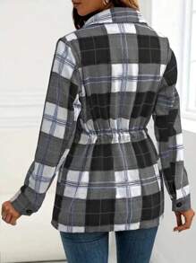 Women's Button-Front Long Sleeve Plaid Casual Shirt With Pockets Black Spring - Black - View 3