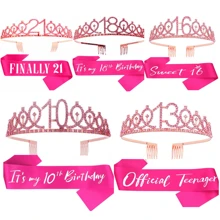 2 件套女士生日腰带和头饰，包括生日皇冠、10 岁、13 岁、16 岁、18 岁、21 岁腰带丝带、精美蜡烛和蛋糕装饰，生日女士礼物，生日快乐派对礼品，粉色