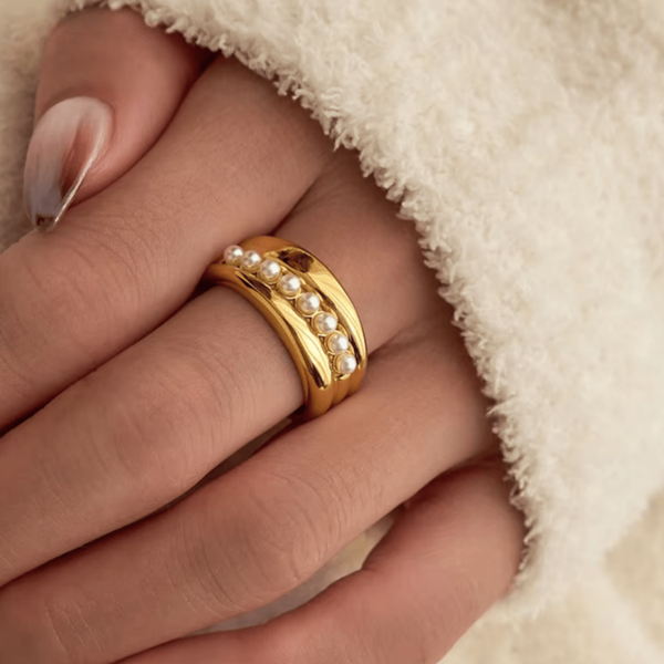 Aritio 1pc 18K Gold Plated Stainless Steel Faux Pearl Ring, Suitable For Women's Daily Wear And Wedding, Gift