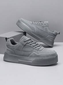 Men's Solid Gray Front Lace-Up Skateboard Shoes, Minimalist Style With Stitching Details & Round Toe Low-Top Sneakers
