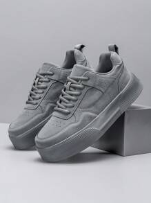 Men's Solid Gray Front Lace-Up Skateboard Shoes, Minimalist Style With Stitching Details & Round Toe Low-Top Sneakers