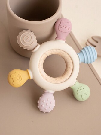 1pc Silicone Baby Teether, Wooden Rudder Teething Ring, Sensory Training Newborn Chewing Toy, Children Dental Care Teething Toy