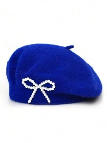 1顶女士仿珍珠蝴蝶结装饰羊毛贝雷帽，休闲百搭纯色黑色贝雷帽 - 彩色 - 查看 27