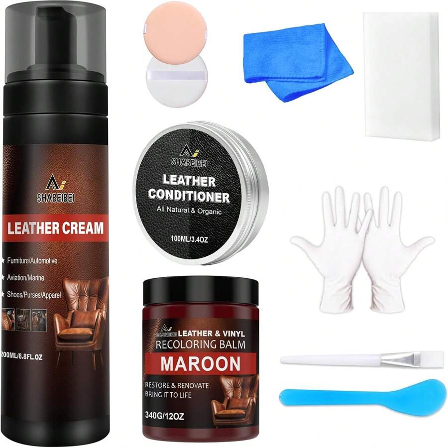 SHABEIBEI Leather Recoloring Balm Set,Leather Cleaner Restore Conditioner Mink Oil For Leather Repair Kit For Furniture Couches -Revives Repairs Scratches Leather Dye Furniture Polish (Maroon) - Maroon - View 1