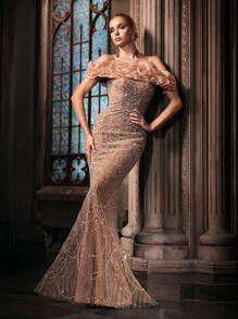 Vestidos de festa de champanhe com lantejoulas e bainha de sereia para mulheres, vestidos para jantar, coquetel, festa à noite, vestido de convidado de casamento, vestido formal - Champagne - Ver 3