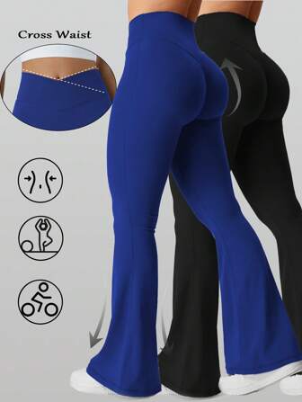 RUNONWHEELS 5 2Pcs Women Butt Lifting Yoga Leggings, High Waist Flared Pants Daily Fitness Sports Leggings, Women'S High-Waisted Cross Design Flared Leggings Suitable Tights