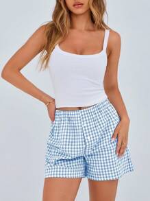 Women's Boxer Shorts Summer Dopamine Casual Home Sleeping Plaid Pj Button Front Y2K Plaid Pajama Shorts - 淺藍 - 查看 4