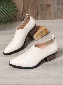 Plus Size Women's Retro English Style Elastic Slip-On Black High Heel Pumps With Pointed Toe, Versatile Thick Heel Shoes For Spring And Autumn,Elegant,Loafers - Beige - View 7