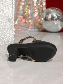 Women's Black Chunky Heel Waterproof Platform Sandals With Sequined Decor, Mules Suitable For Party, Runway, Thick Bottom Strap High Heel Sandals