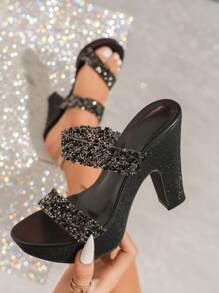 Women's Black Chunky Heel Waterproof Platform Sandals With Sequined Decor, Mules Suitable For Party, Runway, Thick Bottom Strap High Heel Sandals