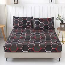 3 件套 100% 涤纶花卉和几何印花床上用品套装（1 件床笠 + 2 件枕套），无枕芯，适用于卧室、酒店、家居 - 素元 - 查看 4