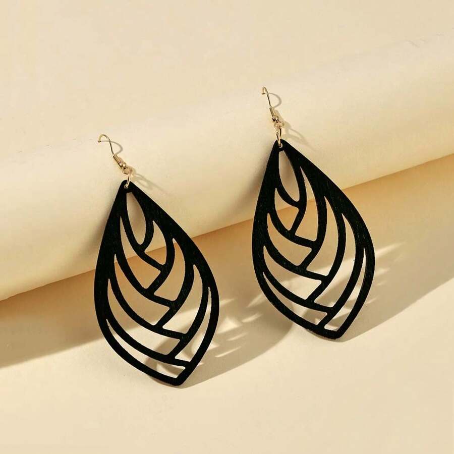 1 Pair Hollow Geometric Teardrop Bamboo Dangle Earrings, Casual & Unique For Women - Black - View 1