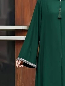 Women's Casual Solid Color Loose Fit Round Neck Zipper Robe, Dignified Long Robe Eid Spring - Dark Green - View 5