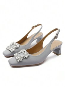 Women's Elegant Satin Rhinestone Buckle Decor Slingback Square Toe Chunky Heels, Graceful & Luxurious, Suitable For Spring/Summer, Occasions, Dates, In Black, Khaki, Green, Brown, Gray