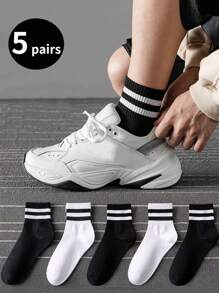 1 par/2 pares/3 pares/4 pares/5 pares/6 pares/10 pares Calcetines tobilleros para hombre, con rayas negras y blancas a la moda, calcetines deportivos de baloncesto, calcetines de tripulación delgados y transpirables para uso casual, primavera/otoño - Multicolor - Ver 2