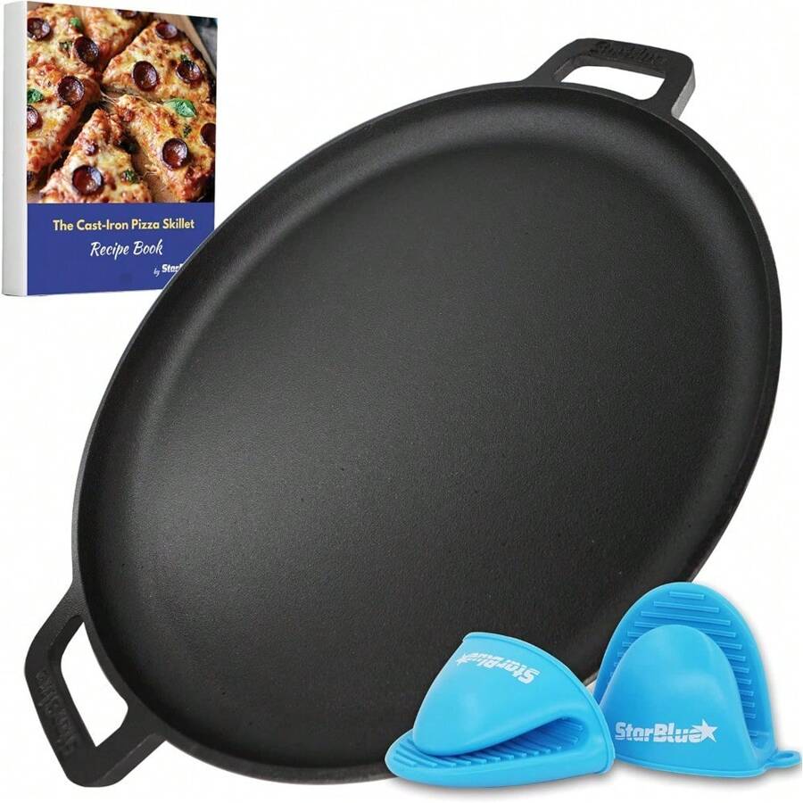 Sartén para pizza de hierro fundido de 16 pulgadas con asa de silicona GRATIS y libro electrónico de recetas - Comal previamente acondicionado, artículos de cocina esenciales para amantes de la pizza, hornear, parrilla, barbacoa, a prueba de estufa y horno - por defecto - Ver 1