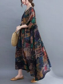 2025新款女士加大码圆领无袖印花透气休闲连衣裙，度假沙滩装，波西米亚优雅夏季连衣裙 - 咖啡棕 - 查看 5