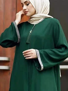 Women's Casual Solid Color Loose Fit Round Neck Zipper Robe, Dignified Long Robe Eid Spring - Dark Green - View 4