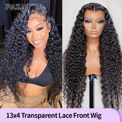 PAZAT 180 密度湿发波浪假发水波 13x4 高清透明蕾丝前假发女士真人头发卷曲蕾丝前假发预拔婴儿头发自然色短波波头假发（8-14 英寸）