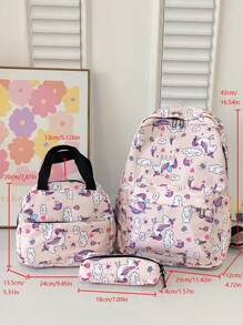 3 件/套印花休闲背包大容量背包儿童背包背包预备式学校时尚背包。大容量包。带保温午餐袋。书包，书包，书包，书包，背包，背包，学校背包，背包学校 - 粉色 - 查看 8