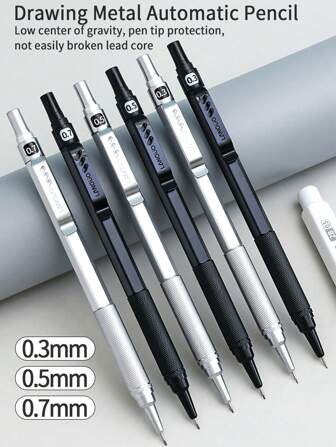 1 支装 0.3 毫米/0.5 毫米/0.7 毫米金属自动机械铅笔，学生素描绘画艺术家用品铅笔，用于绘画、绘画、制图，银色和黑色，带替换芯