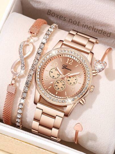 Lady's Rose Goud Stainless Steel Strap Leisure Classic Arabic Numeral Scale Dial Quartz Horloge Bracelet Jewelry Set Wear ation Giving To Friends Or Current Holiday