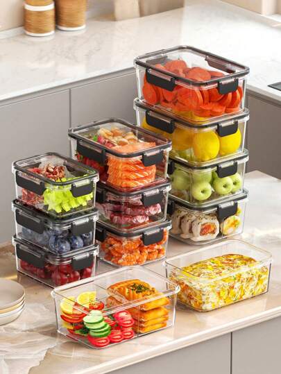 4 件 -16 盎司带盖食品储存容器，黑色光面 PET 塑料，适用于肉类、蔬菜、水果、沙拉、厨柜和冰箱储存，非常适合家庭、办公室、学校、露营和野餐