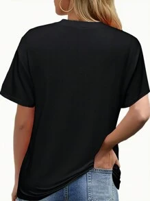 Printed Crew Neck T-Shirt, Casual Short Sleeve Top For Spring And Summer, Women's Clothing - 黑色 - 查看 2