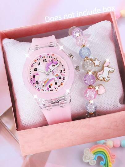2st/set Girls LED Light-Up Cartoon Unicorn Quartz Watch & Beaded Armband