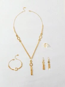 Ensemble de bijoux rétro de luxe et de mode en cuivre de couleur dorée pour femmes, collier, boucles d'oreilles, bracelet et bague design carré élégant en or 18 carats, convient pour le Nigeria, Dubaï, Moyen-Orient, Arabie saoudite, mariage, port quotidien, anniversaire de mariage, cadeau d'Halloween pour les amis - Doré - Voir 3