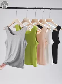 5件套女士莫代尔无袖圆领吊带背心打底背心宽肩带时尚洋气时尚外套休闲背心上衣。 - 彩色 - 查看 1