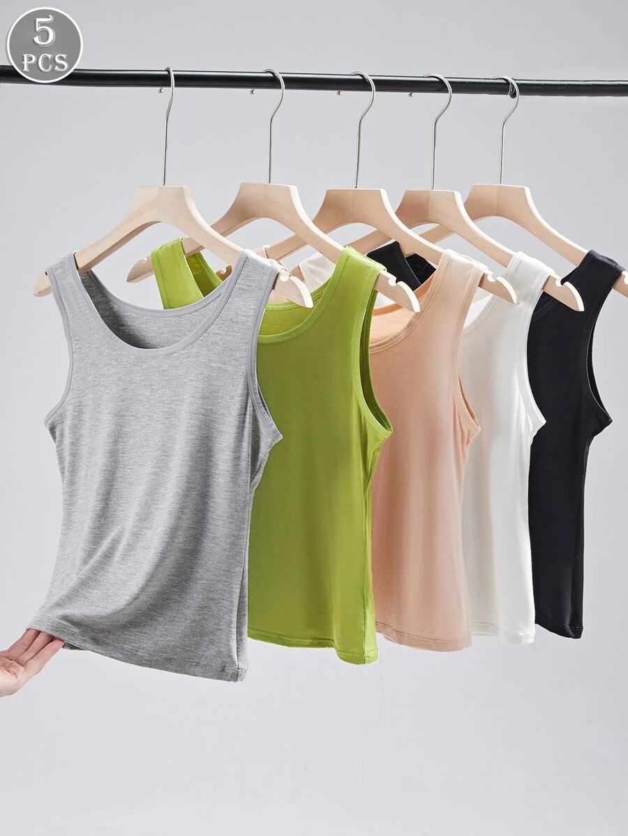 5件套女士莫代尔无袖圆领吊带背心打底背心宽肩带时尚洋气时尚外套休闲背心上衣。 - 彩色 - 查看 1