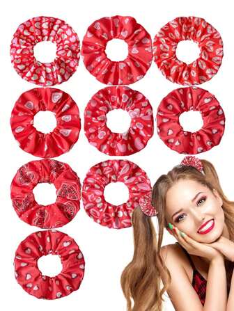 8 件浪漫粉色印花发圈，心形印花甜美女孩发饰，可爱弹力发圈套装，泡泡卷发圈，适合日常/节日礼物，主题派对装饰发饰，送给姐妹/女儿的礼物发带