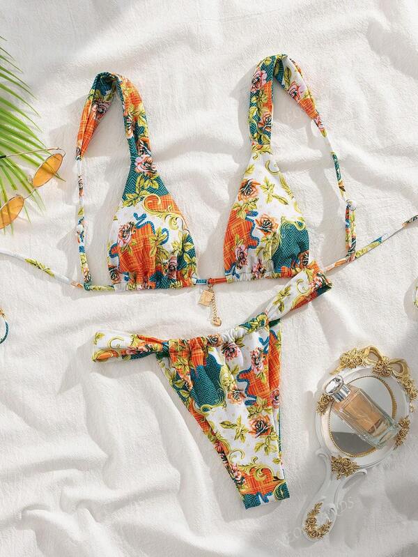 New Soft Printed Thick Strap Tie-Up Cute Party Bikini Set, Summer Beach Fashion Ladies Swimwear