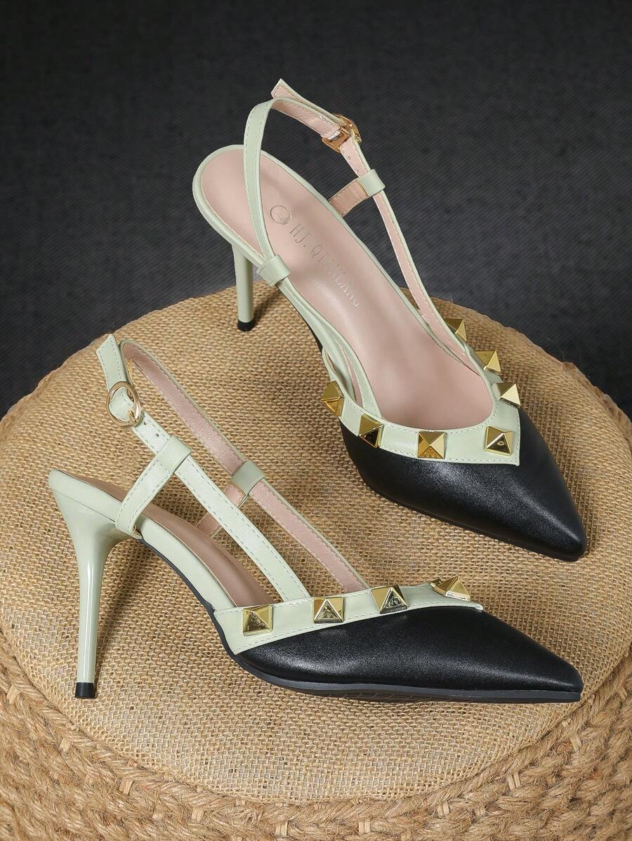 尖头细高跟露背高跟鞋铆钉设计女式晚会鞋 - 綠色 - 查看 1