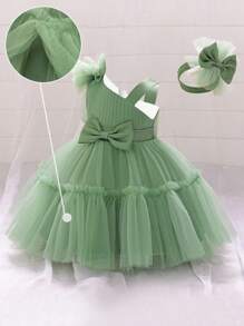 女婴蝴蝶结薄纱花童礼服，适合婚礼、生日、派对等场合，附赠头饰