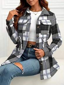 Women's Button-Front Long Sleeve Plaid Casual Shirt With Pockets Black Spring - Black - View 2