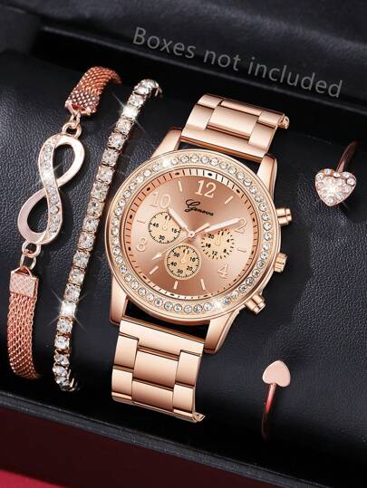 Lady's Rose Goud Stainless Steel Strap Leisure Classic Arabic Numeral Scale Dial Quartz Horloge Bracelet Jewelry Set Wear ation Giving To Friends Or Current Holiday view 2